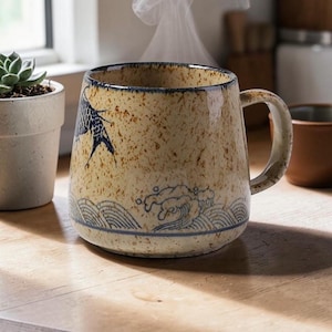 Japansk keramisk kaffemugg, fiskkonstmugg, rustik handgjord tekopp, estetisk keramikkaffekopp, unik presentmugg