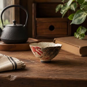 Handgefertigte Japanische Keramik Teetasse - Wabi Sabi Kintsugi Stil Rote Florale Teetasse - Einzigartiges Geschenk für Teeliebhaber
