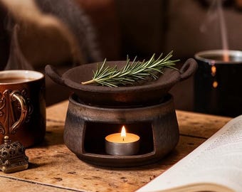 Queimador de óleo e difusor de folhas de chá em cerâmica, queimador de aroma rústico marrom e preto, aquecedor de cera para óleos essenciais, presente aconchegante para decoração e fragrância de casa.