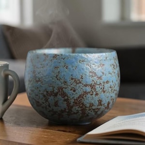 Taza de té de cerámica japonesa hecha a mano, taza rústica de gres Yunomi, taza para rituales de té zen, vajilla minimalista Japandi, regalo de cerámica artesanal