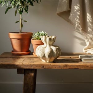 Puede incluir: Un jarrón de cerámica blanquecina y texturizada con una parte superior única y con volantes se encuentra sobre un banco de madera rústica. El jarrón tiene forma bulbosa con estrías verticales. Una maceta de terracota con una planta pequeña está en el fondo.