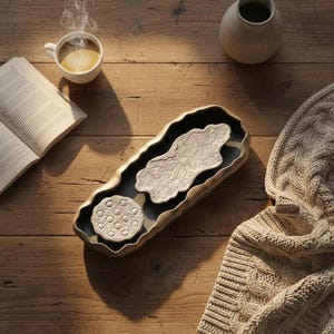 May include: A decorative ceramic tray with a black interior and a gold-colored rim, holding two light-colored ceramic pieces. A cup of coffee, a book, a vase, and a knitted blanket are also on the wooden surface.