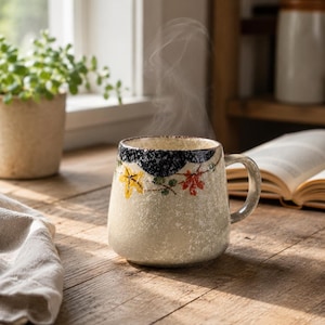 May include: A ceramic mug with a speckled, off-white finish, adorned with yellow and red leaf designs. The rim is black with a textured pattern. Steam rises from the mug, suggesting a warm beverage. The mug sits on a wooden surface.