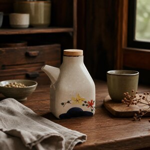 May include: A cream-colored ceramic soy sauce dispenser with a square base, a short angled spout, and a flat wooden lid. The front features a hand-painted design of a dark blue hill, a yellow flower, and a small red maple leaf branch.