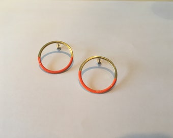 Brass, silver and Neon Orange Circle Earrings, 100% Handmade by Alison in her studio in Bath UK