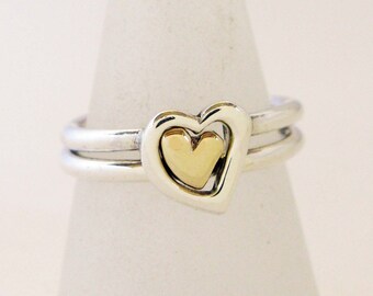 Heart rings, Solid Sterling Silver & 9ct Gold 2 interlocking Heart Rings, Valentine ring. 100% Handmade by Alison in Bath UK