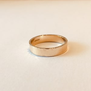 Wedding Band, 9ct 4mm lightly hammered flat band Ring. 100% Recycled Gold. Handmade by Alison in her studio in Bath UK