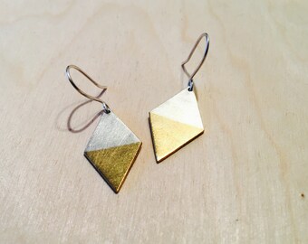 Sterling Silver & Brass Diamond dangly Earrings, 100% Handmade by Alison in her studio in Bath UK