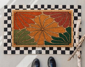 Retro Floral Coir Doormat, Bohemian Botanical Welcome Mat, Vintage Flowers Porch Decor, Boho Doormat