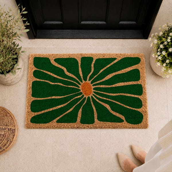 Felpudo de fibra de coco de mediados de siglo, felpudo de bienvenida verde, felpudo retro para la entrada, decoración bohemia para el porche, regalo de inauguración de casa, felpudo para la puerta principal, regalo de cierre para agentes inmobiliarios