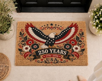 USA 250 Years Eagle Doormat, Patriotic Floral Welcome Mat, July 4th Front Door Decor