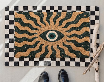 Protective Evil Eye Coir Doormat, Celestial Protection Welcome Mat, Front Porch Decor, Housewarming Gift