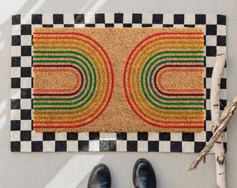 Mid Century Rainbow Doormat, Colorful Retro Welcome Mat, Minimal Front Porch Decor, Housewarming Gift