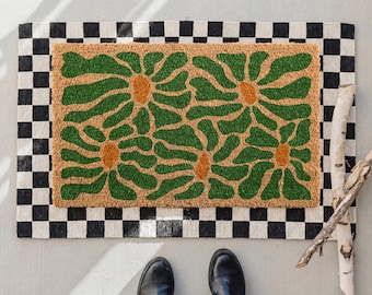 Mid Century Floral Doormat, Retro Boho Welcome Mat, Botanical Front Door Decor, Housewarming Gift