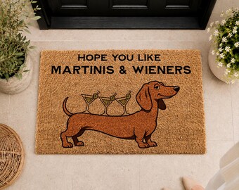 Cute Dachshund with Martini Glasses Doormat, Funny Pet Welcome Mat, Dog Lover Gift, Front Porch Decor, Housewarming Gift, Pet Lover Mat
