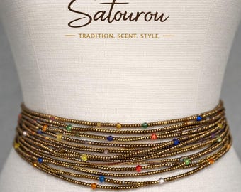 Elastic Multicolor Bonze Waist Beads, African Baya Binbin Belly Beads, Stretch Glass Waist Jewelry for Women, 96 cm (37.8 Inches)