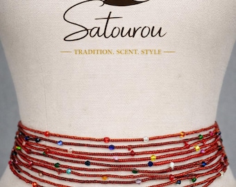 Elastic Multicolor Red Waist Beads, African Baya Binbin Belly Beads, Stretch Glass Waist Jewelry for Women, 96 cm (37.8 Inches)