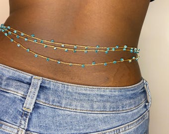 African Tie On Waist Beads, Turquoise Baya Binbin Belly Beads, Adjustable Glass Waist Jewelry for Women, 108 cm Length (42.5 inches)