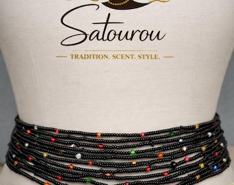 マルチカラーガラスビーズのウエストジュエリー、アフリカンバヤビンビンベリービーズ、伸縮性のあるボディ装飾