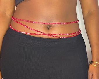 Elastic Red Waist Beads, African Baya Binbin Belly Beads, Stretch Glass Waist Jewelry for Women, 84 cm (33 Inches)