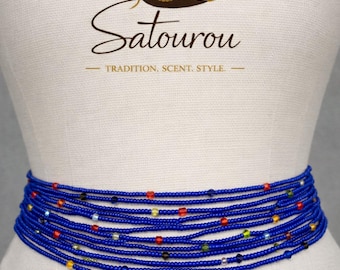 マルチカラーブルーガラスビーズのウエストジュエリー、アフリカンバヤビンビンベリービーズ、伸縮性のあるボディ装飾