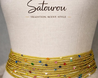 Elastic Multicolor Yellow Waist Beads, African Baya Binbin Belly Beads, Stretch Glass Waist Jewelry for Women, 96 cm (37.8 Inches)