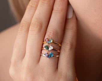 Silber Zwei Birthstone Ring Benutzerdefinierte Herz Birthstone Ring Pear Cut Birthstone Ring Toi Et Moi Ring Mutter Tochter Ring 2 Birthstone Ring Juni