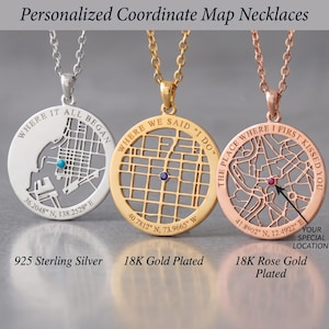 May include: Three circular pendant necklaces featuring engraved street maps and coordinates. The silver pendant reads WHERE IT ALL BEGAN, the gold reads WHERE WE SAID I DO, and the rose gold reads THE PLACE WHERE I FIRST KISSED YOU.