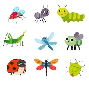 May include: A collection of nine colorful cartoon insects including a red and blue fly, a purple ant, a green caterpillar, a green grasshopper, a blue dragonfly, a green beetle, a red ladybug with black spots, a multi-colored dragonfly, and a green bug.