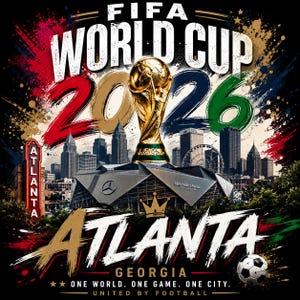 May include: A promotional graphic for the FIFA World Cup 2026 in Atlanta, Georgia. The image features the World Cup trophy, the city skyline, and the text "FIFA WORLD CUP 2026" in bold letters. The text "ATLANTA GEORGIA" is also prominently displayed.