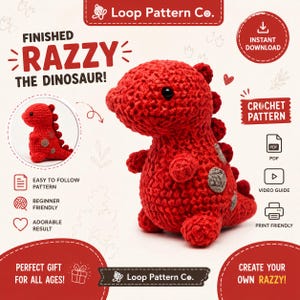 Patrón de amigurumi de dinosaurio Razzy en PDF, tutorial de peluche de dinosaurio adorable, proyecto fácil para principiantes, descarga digital instantánea, regalo hecho a mano.
