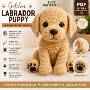 Op de afbeelding: Een gehaakt amigurumi patroon van een gouden Labrador puppy. De afgewerkte maat is ongeveer 22 cm hoog. Het patroon is beginnersvriendelijk en bevat details voor veiligheidsoogjes en neus. De tekst "Golden Labrador Puppy" is ook inbegrepen.