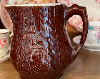 Antique Bennington Style Stoneware Rockingham Creamer with Church and Steeple Motif