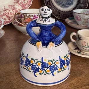 Vintage Hand-Painted Talavera Lady Bell – Blue White Majolica Folk Art Figurine