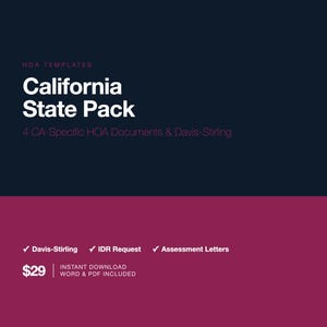 Op de afbeelding: Een digitale productafbeelding met een donkerblauw en magenta kleurenschema. De tekst "California State Pack" staat prominent, samen met "4 CA-Specific HOA Documents & Davis-Stirling". De afbeelding bevat een lijst met documenten en een cirkel met "4 Documents Included".