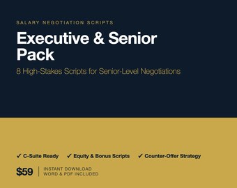 Scripts de négociation de salaire de direction 2026, package de rémunération C-Suite, négociation de capitaux propres, script d'indemnité de départ, PDF mot à mot