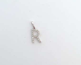 Letter R Diamond Charm Pendant: 14K white gold