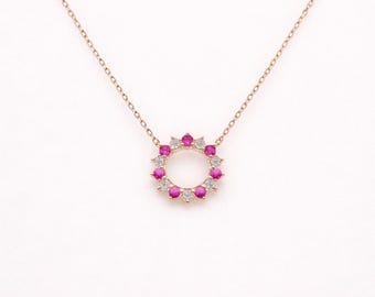 14K Mini Circle Ruby and Diamond Pendant