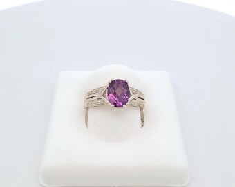 Sterling Silver Ring for Women with an Oval Amethyst and CZ accents