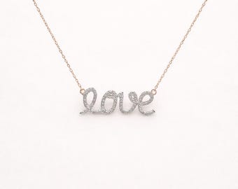 Nameplate LOVE necklace Natural Diamond: 14K Rose Gold,  18" long