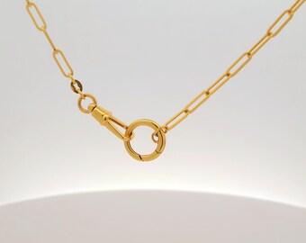 14K Gold Paperclip Chain Necklace with Charm Ring Holder for Women
