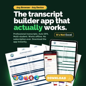 Puede incluir: Un anuncio de una aplicación para crear transcripciones. La imagen muestra una tableta y un teléfono inteligente que muestran la interfaz de la aplicación, junto con transcripciones impresas. El texto incluye "The transcript builder app that actually works" y "Download".