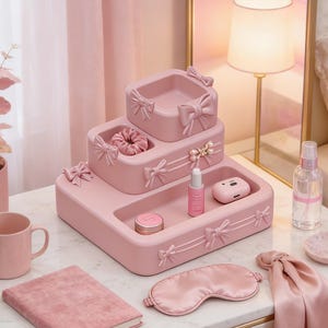 May include: A pink vanity set with a tiered organizer, a mug, a notebook, and a sleep mask. The organizer has bow details and holds beauty products. A gold-framed mirror and a potted plant are also on the table.