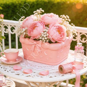 Könnte beinhalten: Rosa Blumenarrangement in einem dekorativen Behälter mit Schleife, Monden und Sternen. Eine Tasse mit Untertasse, Parfümflasche und Band stehen auf einem weißen Tisch. Die Szene spielt sich im Freien mit Gartenkulisse ab.