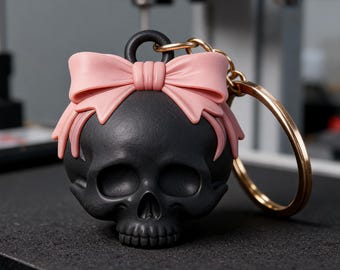 Llavero con calavera y lazo coqueto (archivo STL) / Charm para bolso de romance oscuro (impresión 3D) estilo gótico