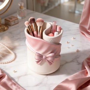 Soporte para brochas Coquette Bow STL / Organizador de maquillaje / Decoración de tocador / Regalo para ella
