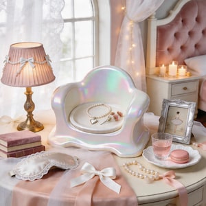 Puede incluir: Una escena de tocador con una silla nacarada que contiene un collar de perlas y flores. Una pantalla de lámpara rosa con lazos blancos está al lado de la silla. Otros artículos incluyen una máscara para dormir, libros y una foto enmarcada.