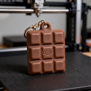 May include: A brown, square-shaped keyring designed to resemble a chocolate bar with nine raised segments. The centre segment features a simple, embossed smiley face. A gold-toned metal split ring is attached to the top loop of the keyring.