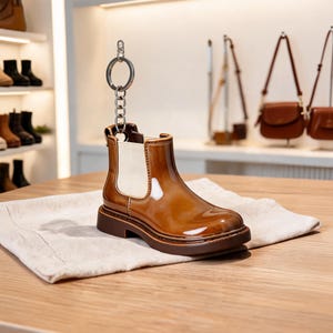 Könnte beinhalten: Ein glänzender brauner Stiefeletten-Schuh mit einem cremefarbenen elastischen Seiteneinsatz und einer dicken dunkelbraunen Sohle. Ein silberner Metall-Schlüsselring mit einer kurzen Kette ist an der hinteren Zuglasche befestigt und ragt nach oben.
