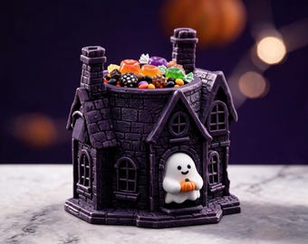 Archivo STL de cuenco para dulces de casa embrujada / Plato de Halloween con temática de fantasmas para pedir dulces / Decoración gótica para estantes